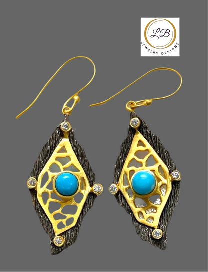 Intricate Gold Vermeil, Rhodium & Turquoise Dangle Earrings 2.5”