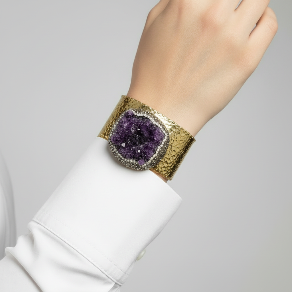 Natural Purple Amethyst Druzy Adjustable Statement Cuff Bracelet