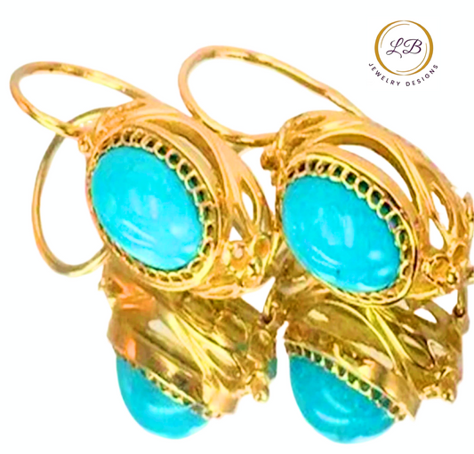 Sleeping Beauty Turquoise Gold Dangle Earrings 1.25"