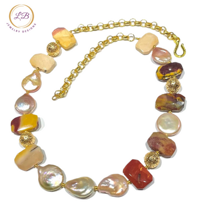 Striking Mookaite Gemstones and Keshi Pearls Necklace 24”