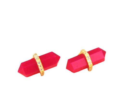 Hot Pink Chalcedony Pencil-Cut Gemstones and Gold Studs