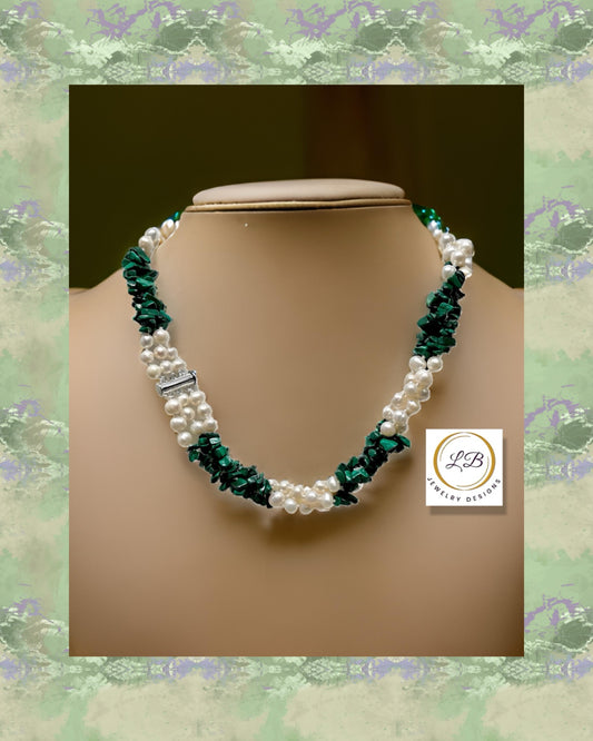 Green Malachite and Freshwater Pearls Triple-Stand Statement Necklace 18"