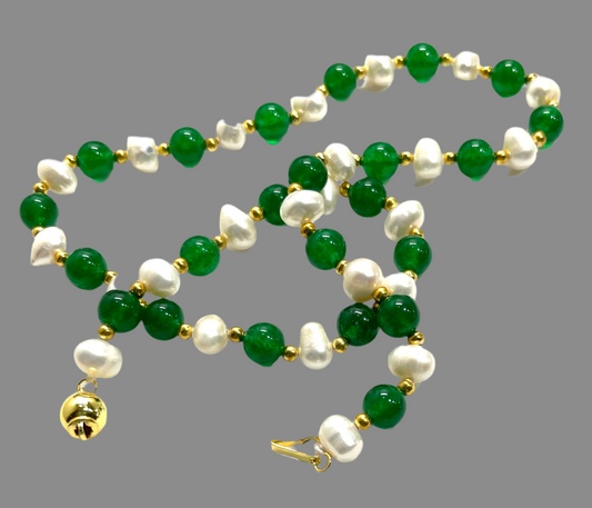 Green Onyx & Freshwater Pearl Gemstone Necklace 18”