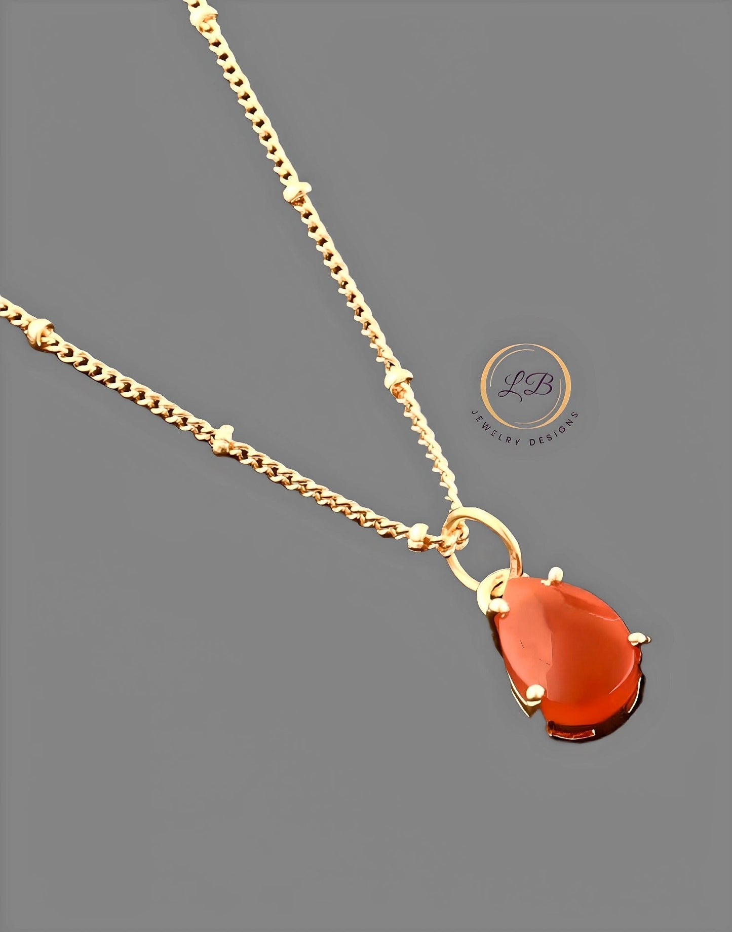 Minimalist Orange Carnelian Gemstone Gold Pendant Necklace 18”