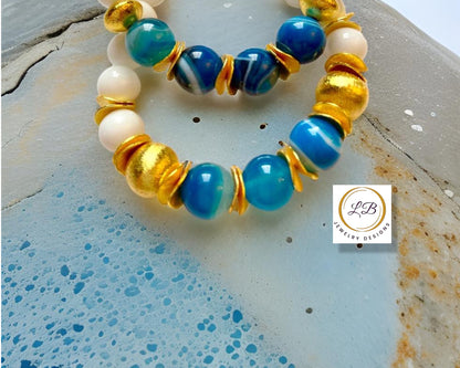 Brushed Gold Vermeil Alabaster & Blue-Banded Agate Gemstone Bracelet