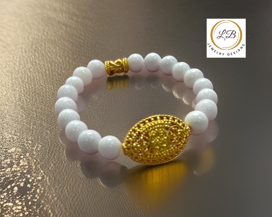 White Alabaster Gemstones 18k Gold Filigree Beaded Bracelet