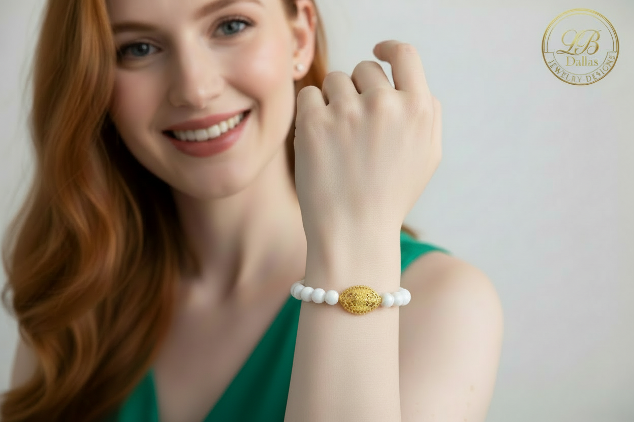 White Alabaster & 18k Gold Vermeil Filigree Statement Bracelet