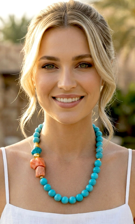 Capri Asymmetrical Turquoise & Coral Statement Necklace: Luxury Resort Jewelry - One-of-a-Kind