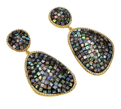 Iridescent Rainbow Abalone Shell Gold Statement Earrings 2.0"
