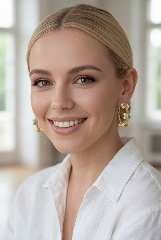 One-of-a-Kind Capri Turquoise & Pearl Wrapped Hoop Earrings