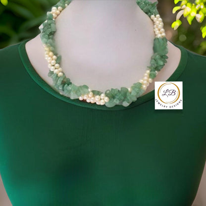 Green Amazonite & Pearl Gemstone Triple-Strand Statement Necklace