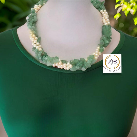 Green Amazonite & Pearl Gemstone Triple-Strand Statement Necklace