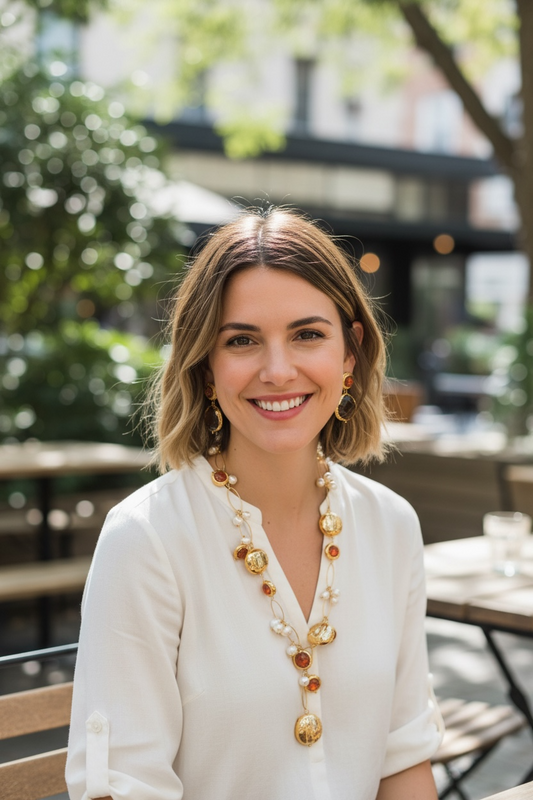 Orange Murano Baubles & Pearl 22k Gold Chain Necklace