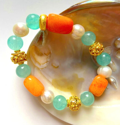 Colorful Carnelian, Baroque Pearls & Aquamarine Gemstones Gold Beaded Bracelet