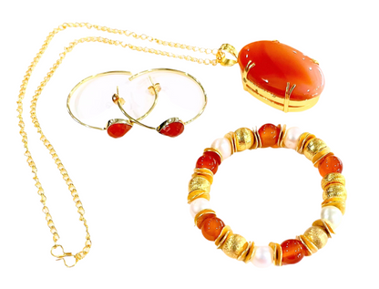 Orange Carnelian Pendant Necklace, Bracelet and Hoops Three-Piece Set