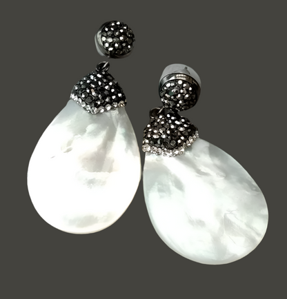 Black Marcasite & White Mother Of Pearl Gemstone Dangle Earrings 2"