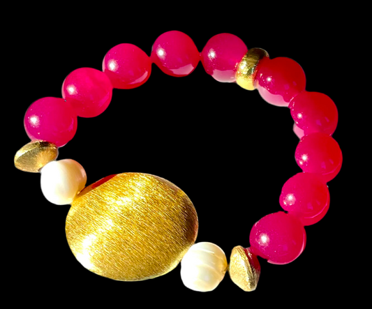 Pink Rose Quartz & Pearl Gemstone Brushed Gold Vermeil Beaded Bracelet