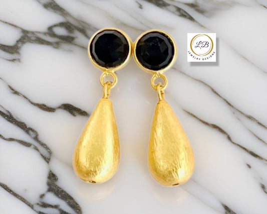 Black Onyx 22k Brushed Gold Vermeil Dangle Earrings 1.5”