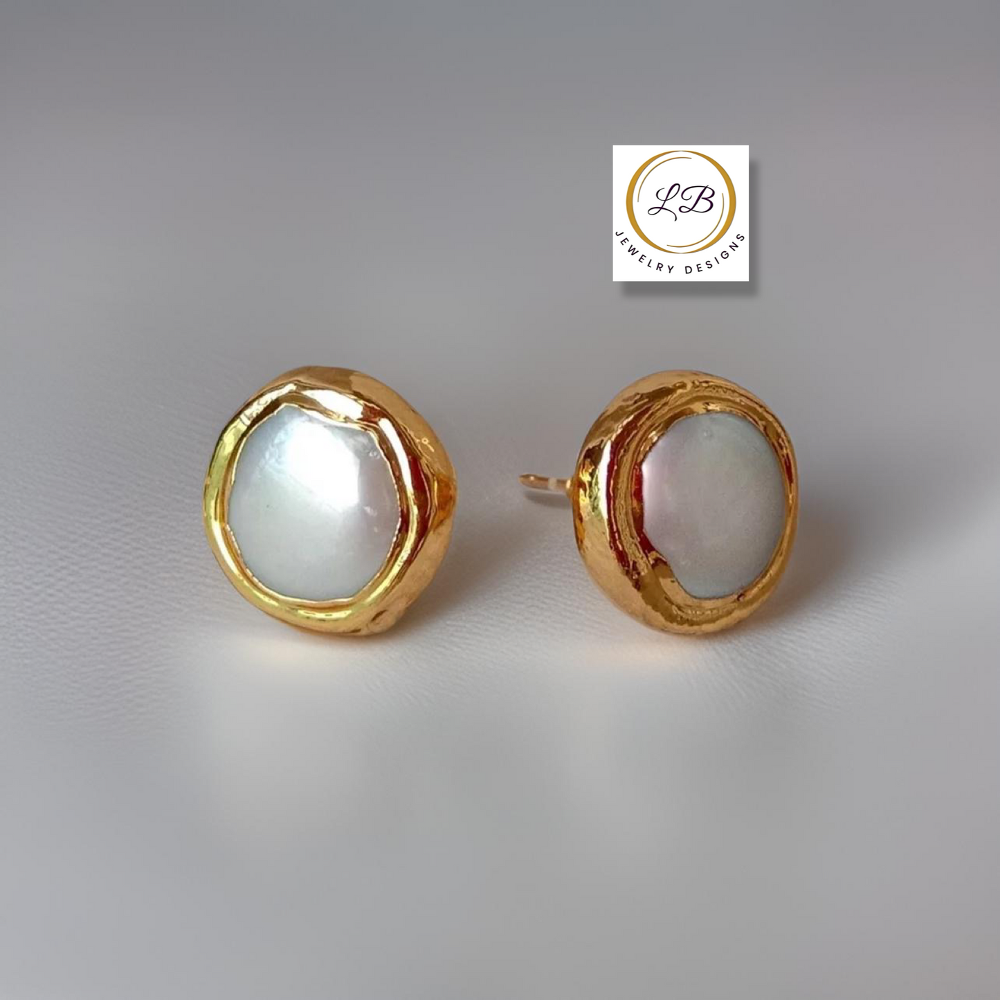 White Coin Pearl Gold Stud Earrings