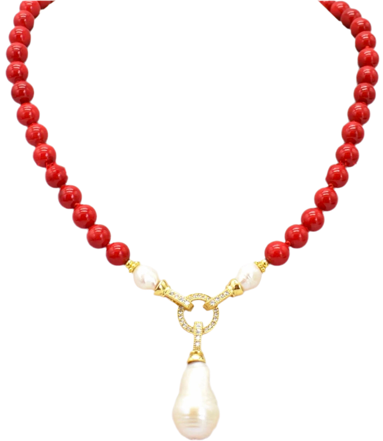 Rare Keshi Pearl and Red Gemstone Double-Knotted Statement Necklace 18"