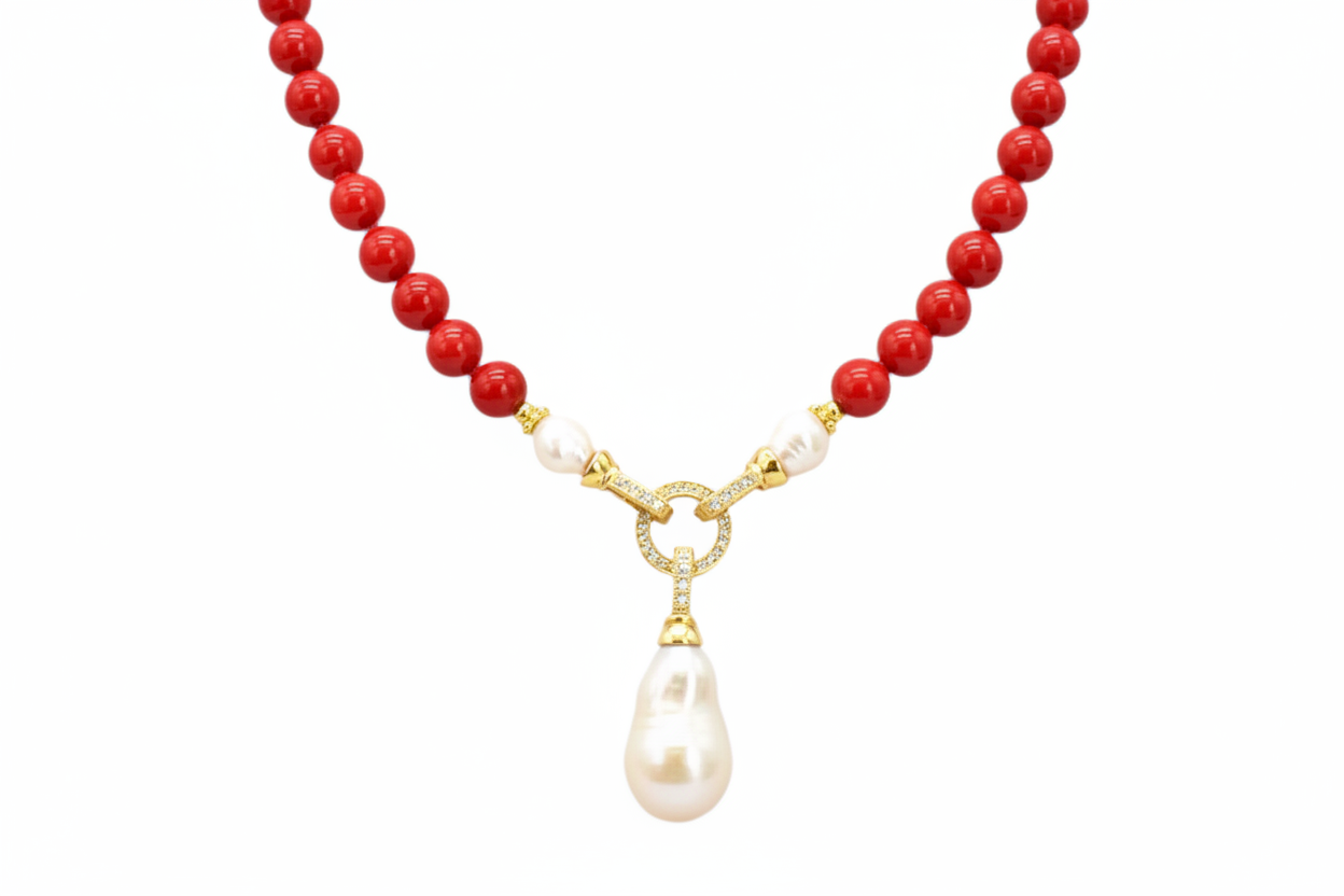 Red Coral & Pearl Double-Knotted Statement Necklace 18"