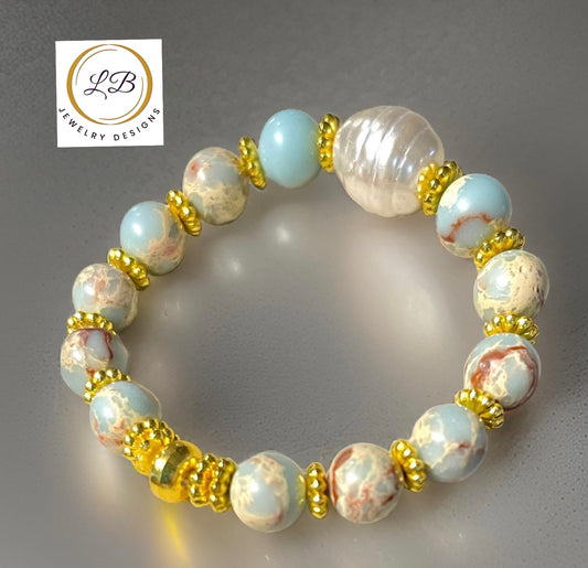 Aquaterra Impression Jasper and Pearl Gold Beaded Bracelet