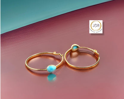 Pear-Shaped Larimar Gemstone Gold Hoop Earrings 2.25”