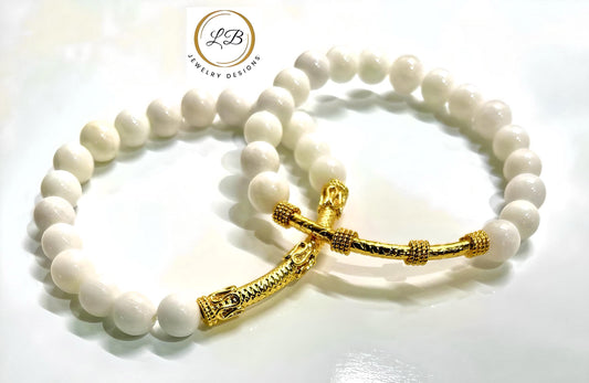 White Alabaster Gemstones & 18k Gold “Bali” Tube Beaded Bracelet