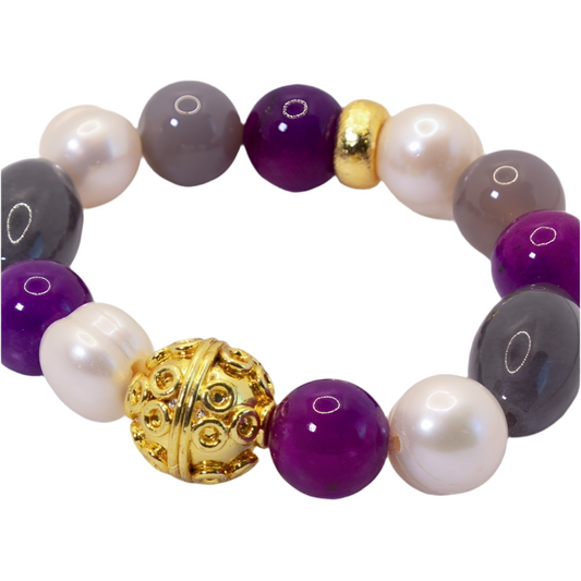 Purple Sugilite, Gray Onyx, & Baroque Pearl Gemstone Beaded Bracelet