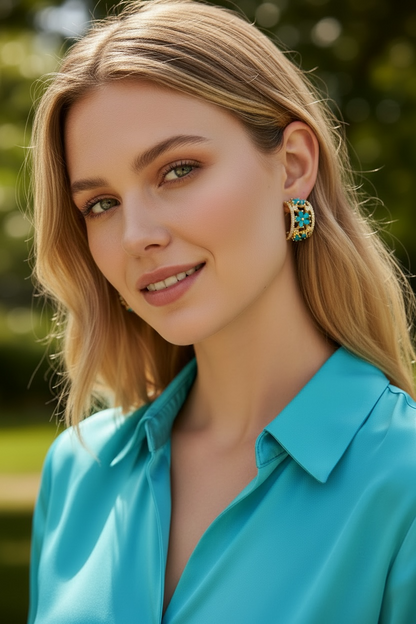 Sleeping Beauty Turquoise Pavé Huggie Hoop Earrings – Gold Turquoise Flower Hoops | LB Jewelry Store Dallas Texas
