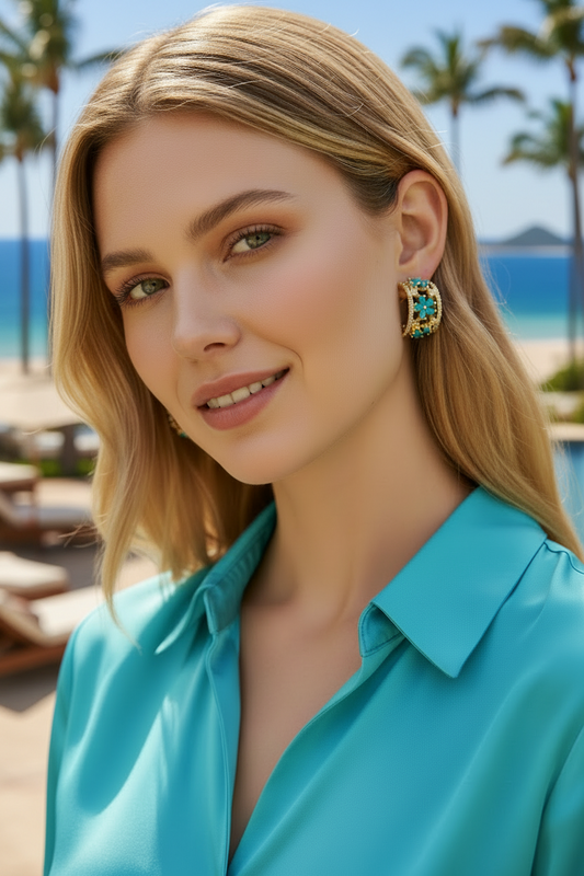 Capri Floral Turquoise Pavé Hoop Earrings