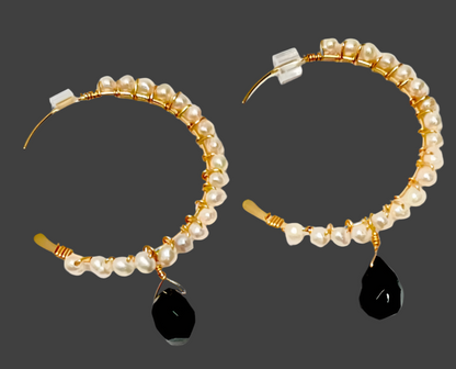 Gold Wire-Wrapped Freshwater Pearl & Black Onyx Hoop Earrings
