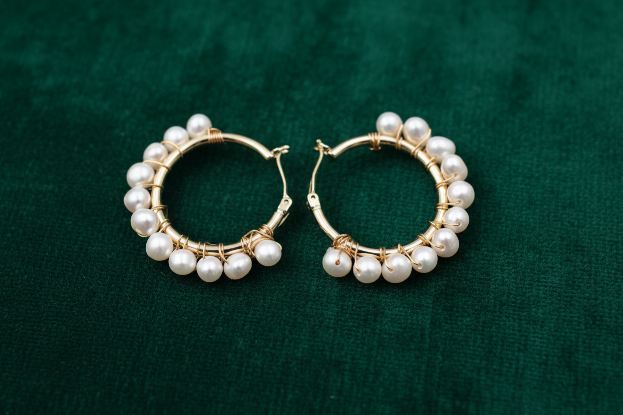 Gold Wire-Wrapped Pearl Hoop Earrings