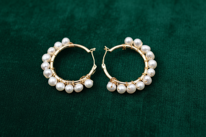 Gold Wire-Wrapped Pearl Hoop Earrings