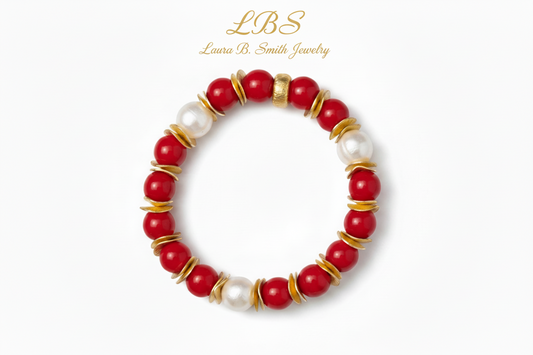 Red Coral, Freshwater Pearl Bracelet with 22k Gold Vermeil - Luxury Resort Jewelry
