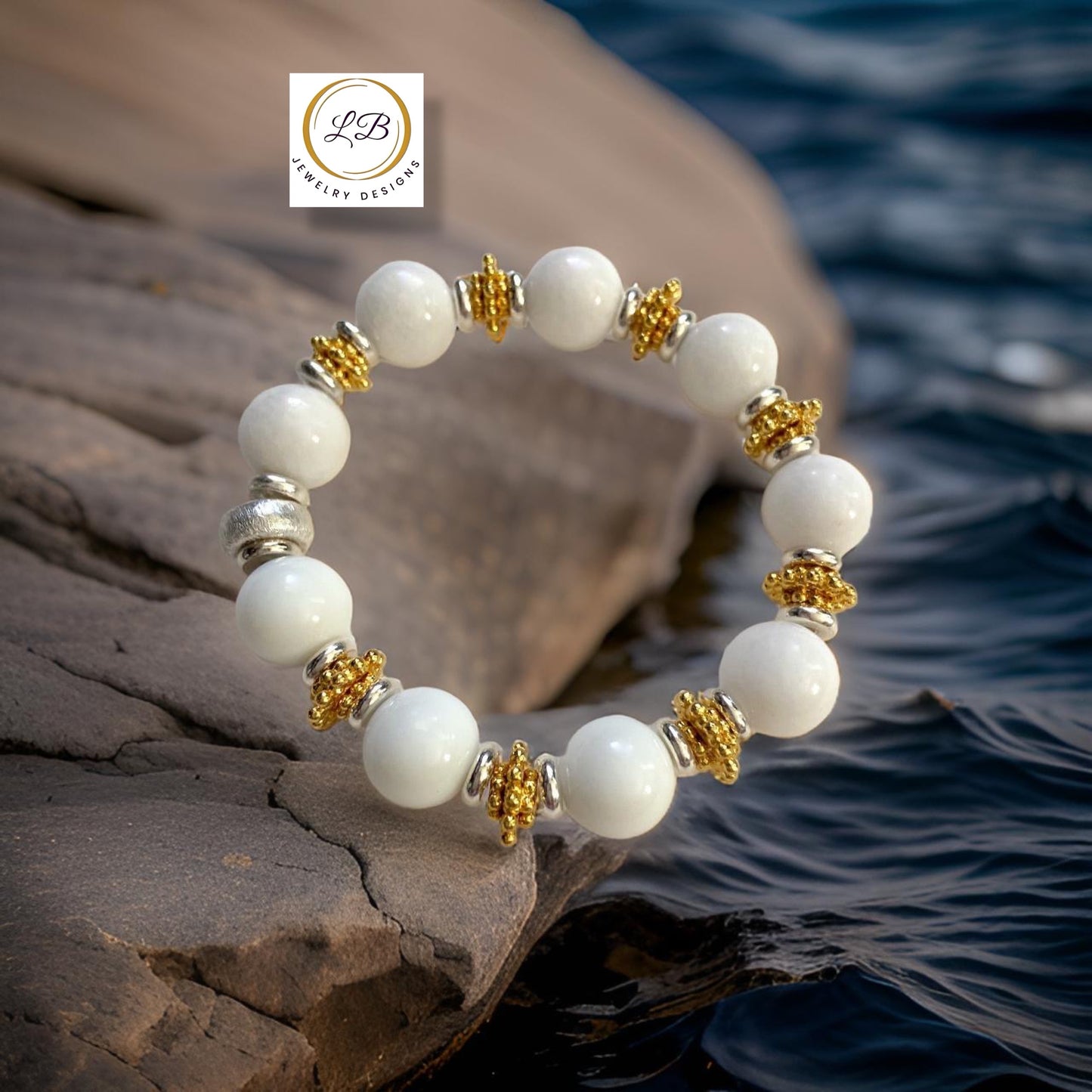 Alabaster Gemstone Beaded Bracelet with Silver & Gold Accents