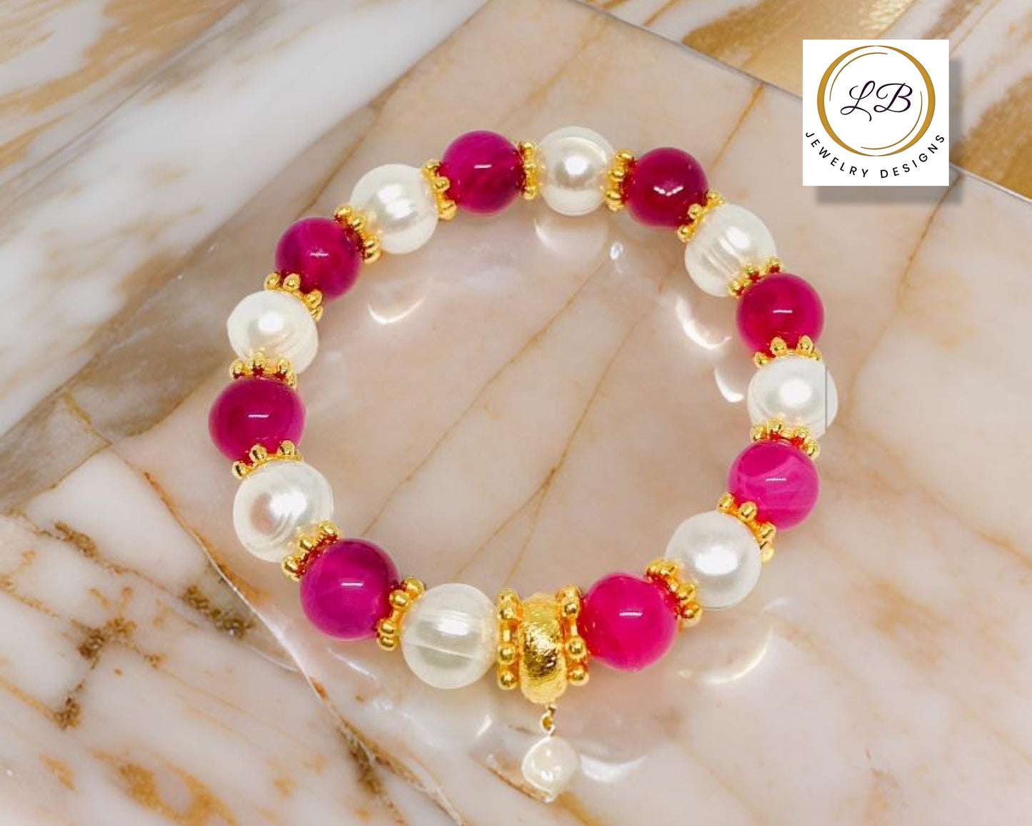 Rose Ruby Quartz & Baroque Pearl Gemstone Gold Beaded Bracelet