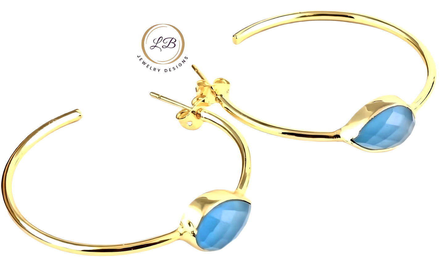 Pear-Shaped Blue Aquamarine Gemstone Hoop Earrings 2.25”