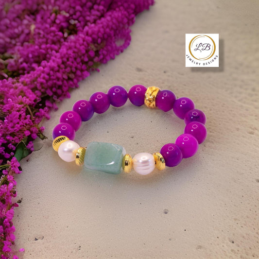 Purple Sugilite, Baroque Pearls & Green Prehnite Gemstone Bracelet