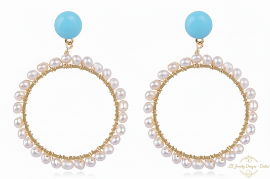 Sleeping Beauty Turquoise & Freshwater Pearl Halo Statement Earrings – 18k Gold Filled