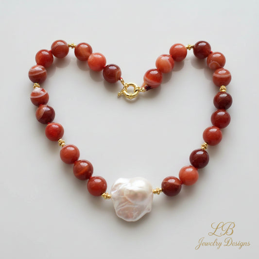 Orange Agate & Baroque Pearl Statement Necklace 18”