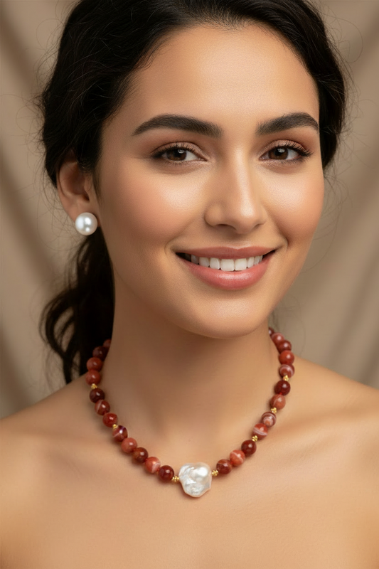 Orange Agate & Baroque Pearl Statement Necklace 18”