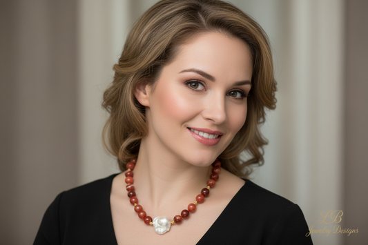 Orange Agate & Baroque Pearl Statement Necklace 18”