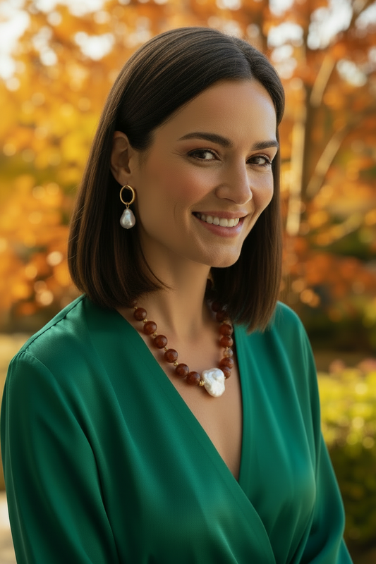 Woman wearing a green dress with a blurred autumn background