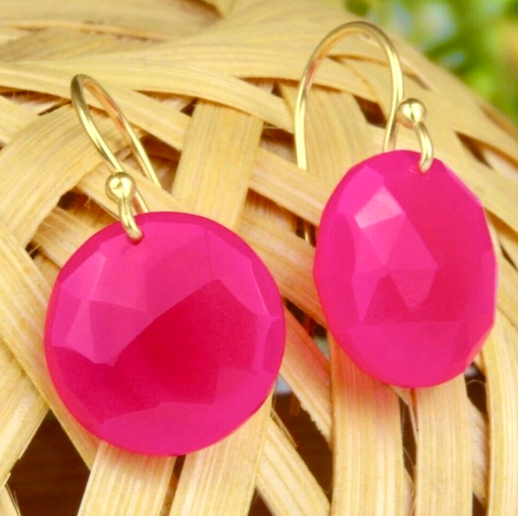 Bright Pink Chalcedony Gold Dangle Earrings 1.5”