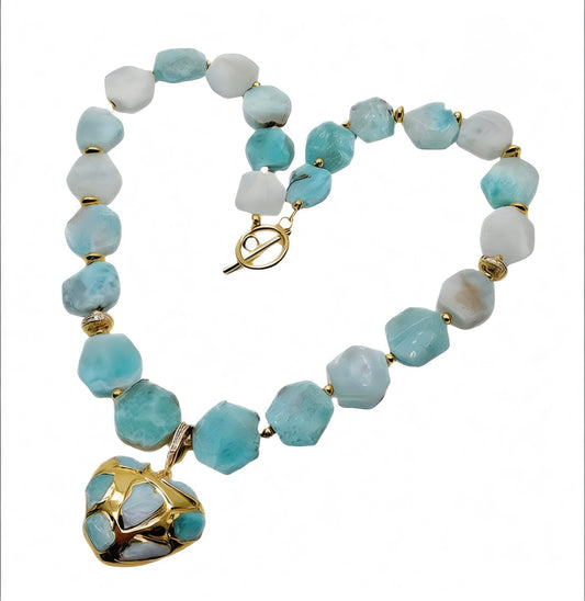 Caribbean Blue Larimar Heart Pendant Necklace – Hexagon Larimar Statement Necklace in Gold | Luxury Resort Jewelry