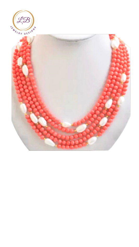 Resort Pink Coral & Pearl Gemstone Statement Necklace 18” - 21”