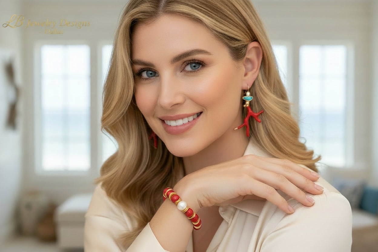 Red Coral Branch Earrings & Bracelet Set with Turquoise and Pearl – Coastal Resort Statement Jewelry