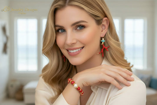 Red Coral Branch Earrings & Bracelet Set with Turquoise and Pearl – Coastal Resort Statement Jewelry