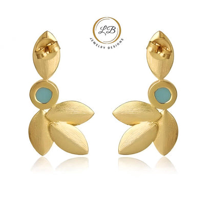 Aquamarine Leaf Design 22k Brushed Gold Vermeil Statement Earrings